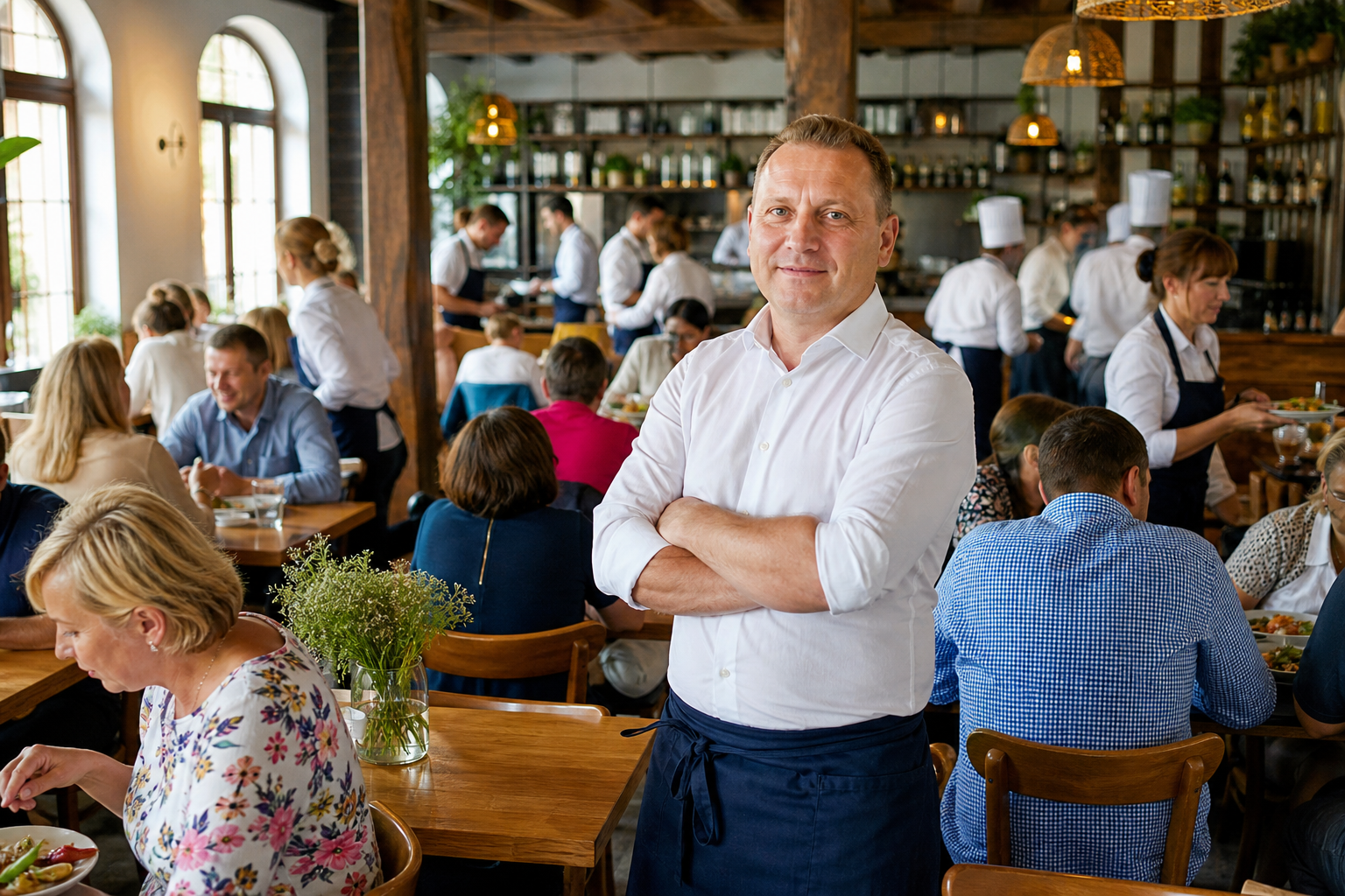 Dumny właściciel w pełnej restauracji w Toruniu świętuje sukces lokalu.