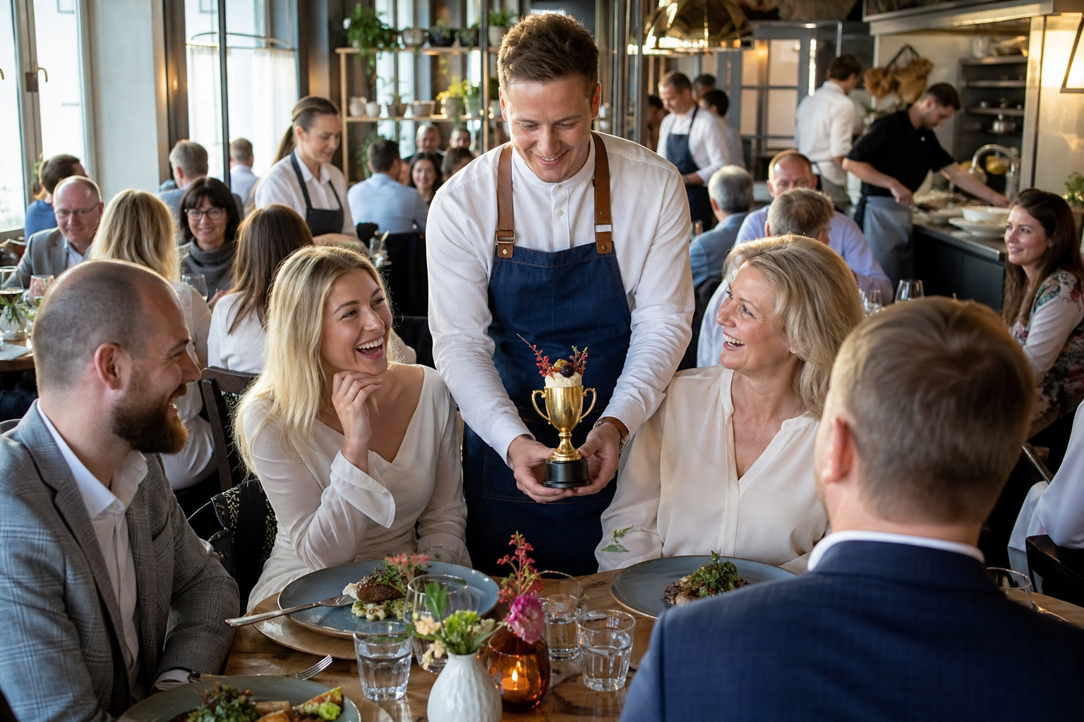 Pełna restauracja w Toruniu, ruch i symbol zwycięstwa na talerzu.