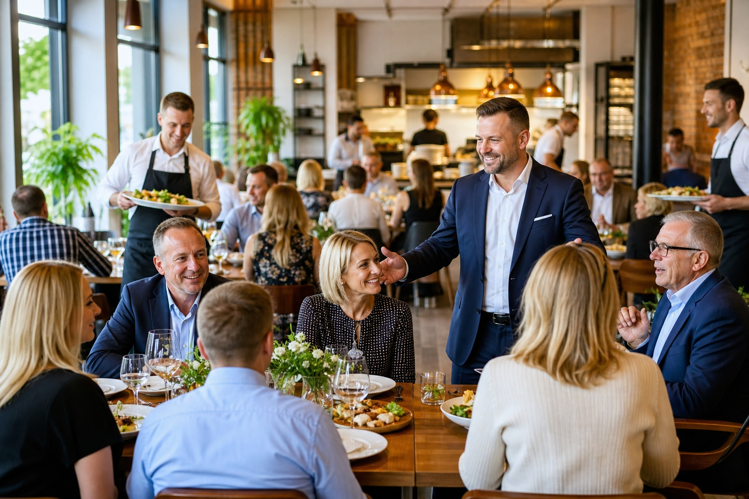 Rozwój restauracji w Toruniu pokazany przez napływ gości i pełne stoliki.