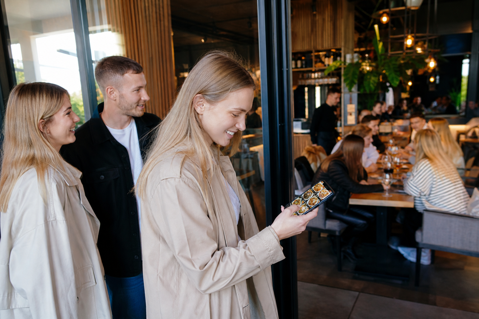 Klient wybiera toruńską restaurację na telefonie, w tle goście czekają na stolik.