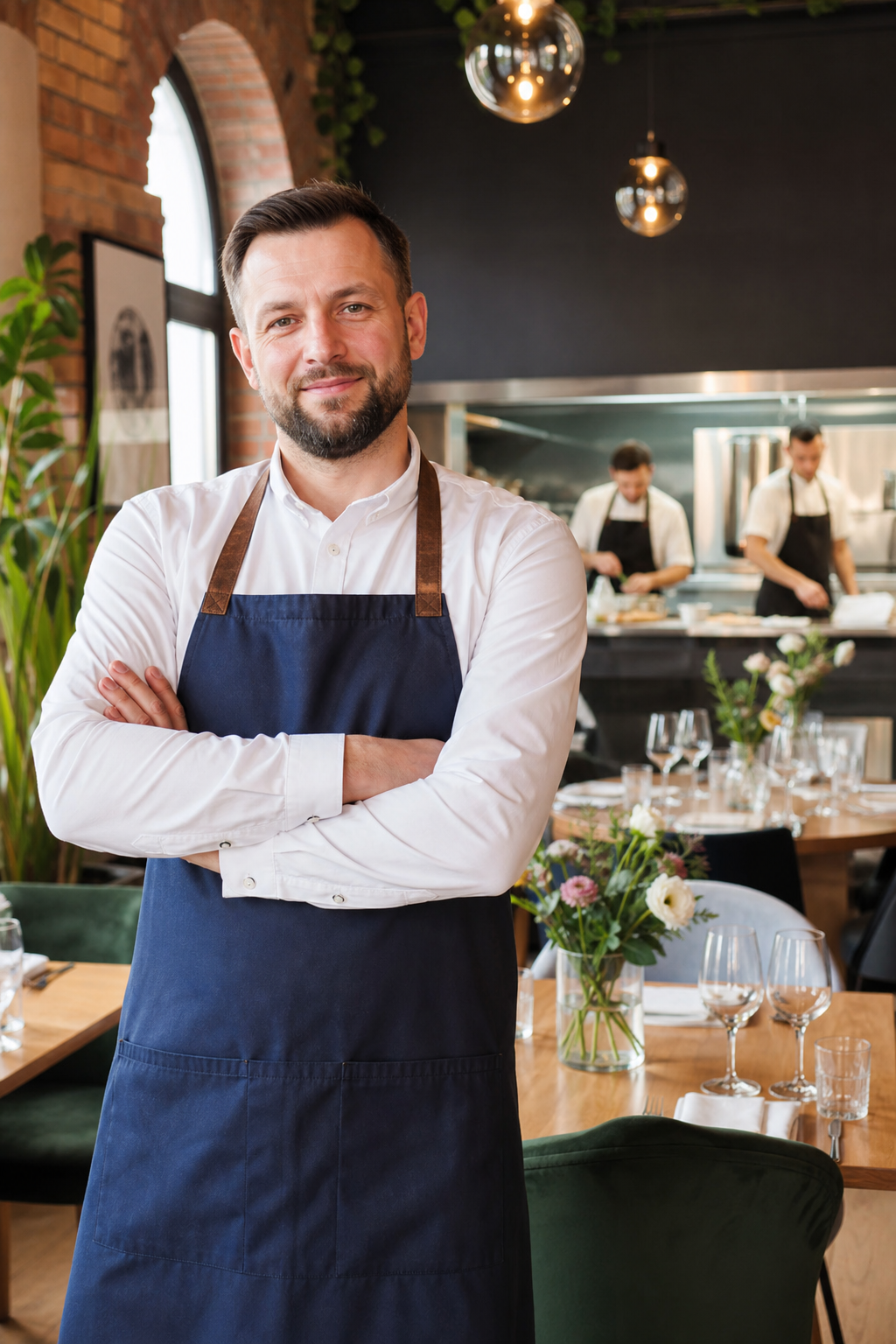 Pewny siebie właściciel restauracji w Toruniu stoi w eleganckiej sali.