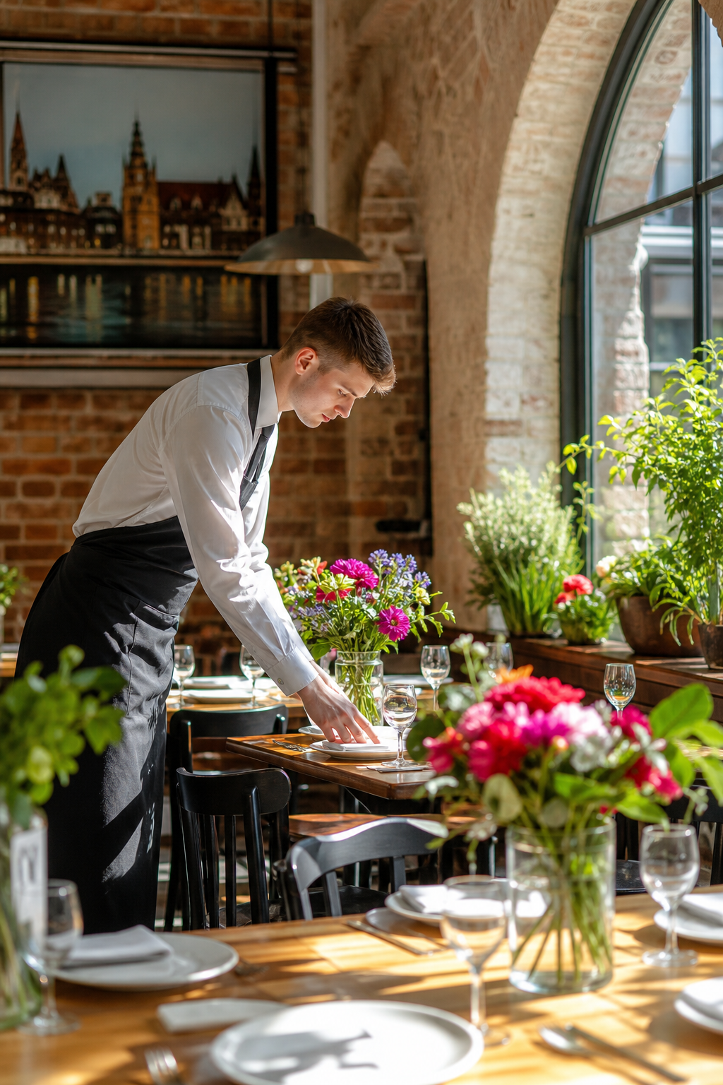 Ładna toruńska restauracja w spokojnym momencie, gotowa na gości.