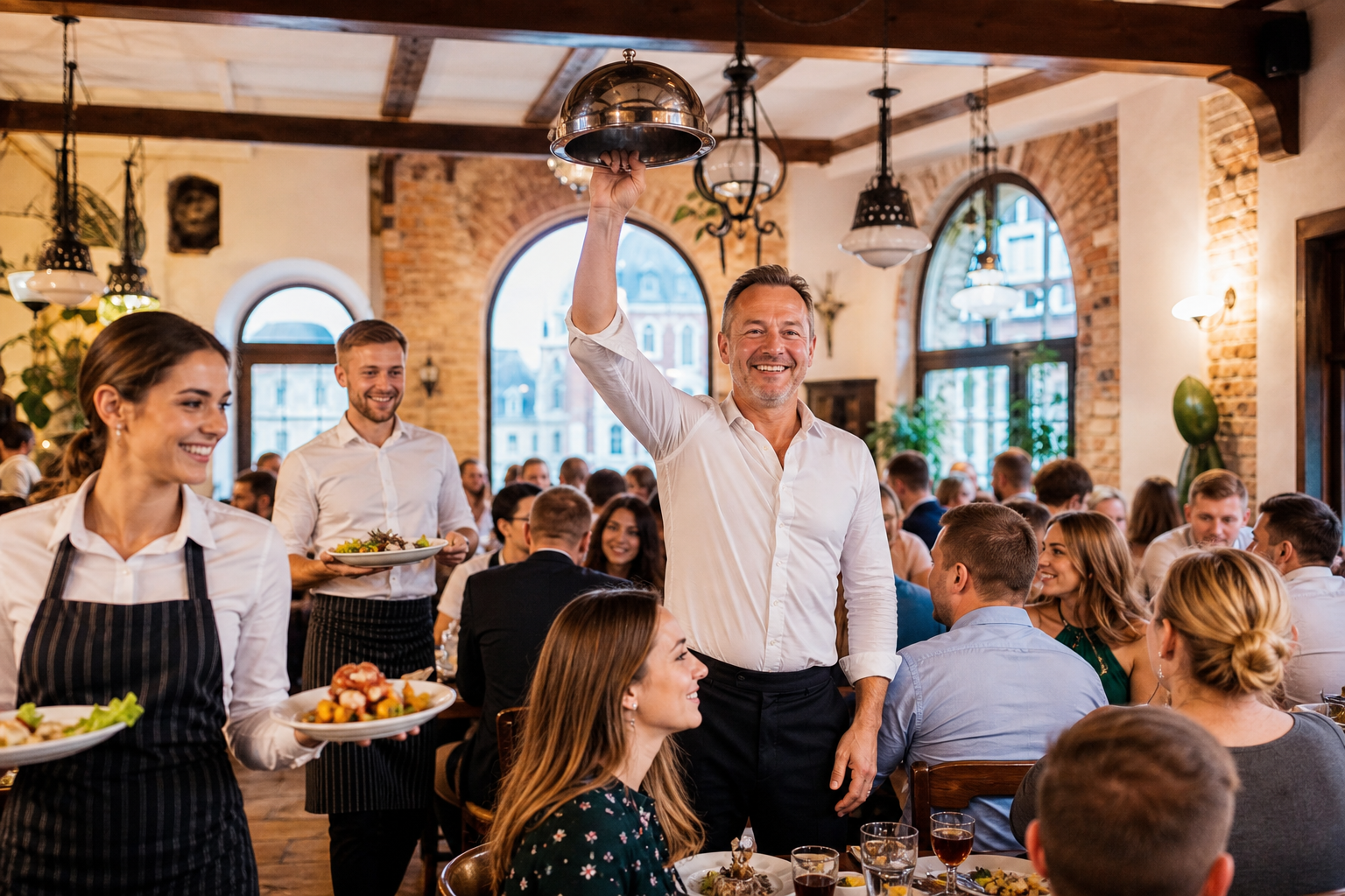 Tętniąca ruchem restauracja w Toruniu z symbolem zwycięstwa i pełną salą.