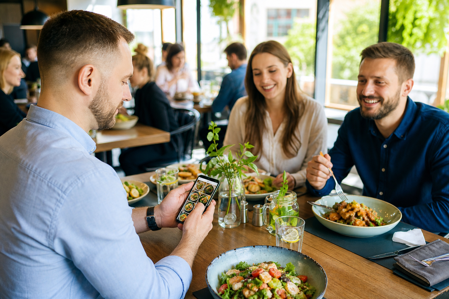 Klient w bydgoskiej restauracji wybiera lokal przez telefon przy stole z przyjaciółmi.