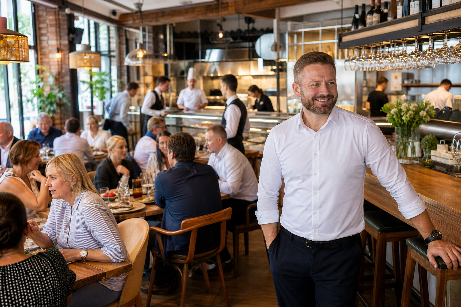 Dumny właściciel w pełnej restauracji w Bydgoszczy podczas udanego serwisu.
