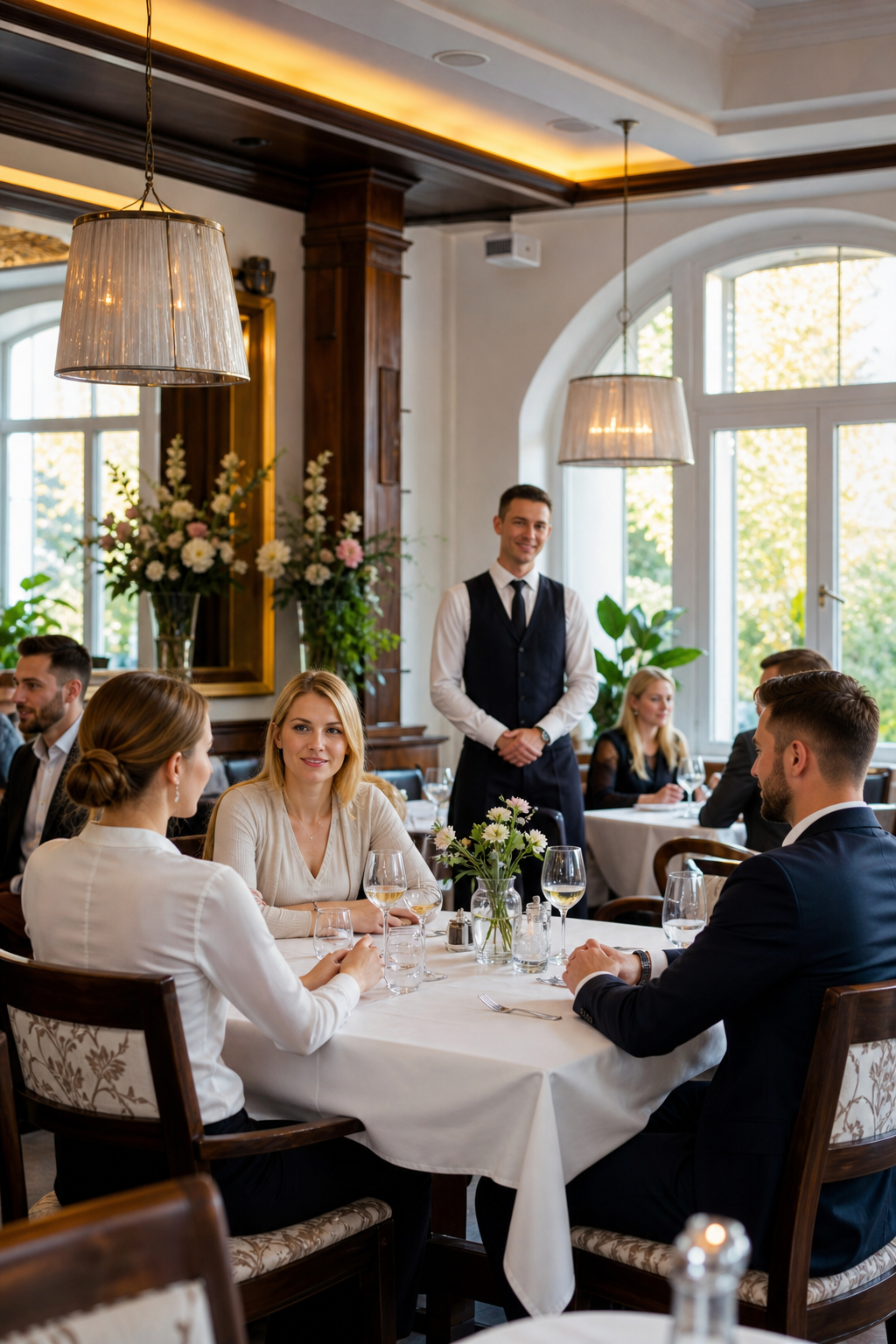 Ładna bydgoska restauracja w spokojnej chwili, z gotowymi stolikami i wolnymi miejscami.