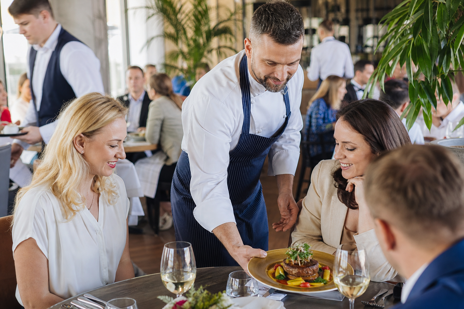 Popularna restauracja w Bydgoszczy pełna gości, z daniem symbolizującym zwycięstwo.