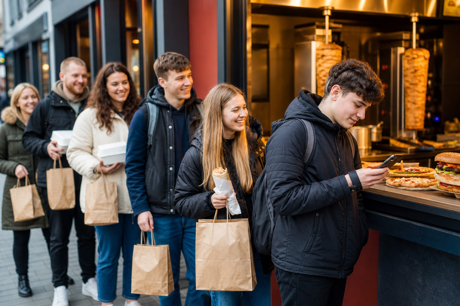 Klienci wybierają popularny lokal fast food w Bydgoszczy, sprawdzając ofertę w telefonie.