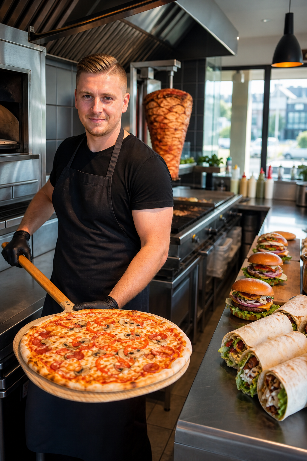 Pewny siebie właściciel lokalu z pizzą, kebabem i burgerami w swojej kuchni.