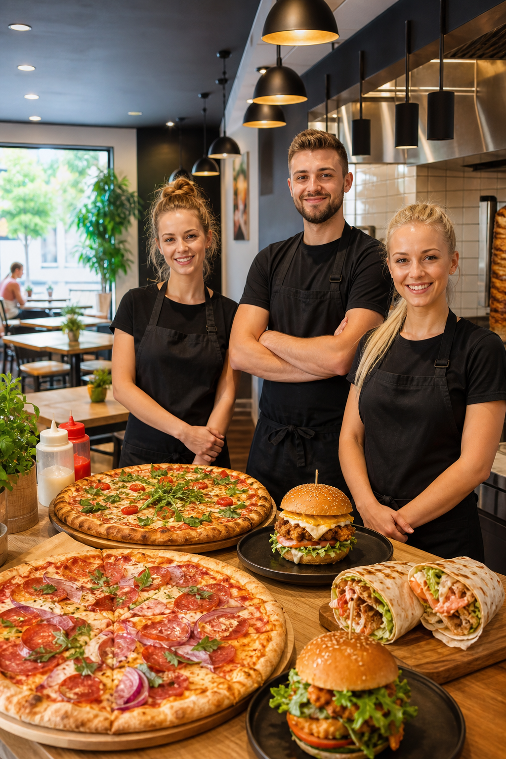 Schludny lokal fast food w spokojnym momencie, gotowy na większy ruch klientów.