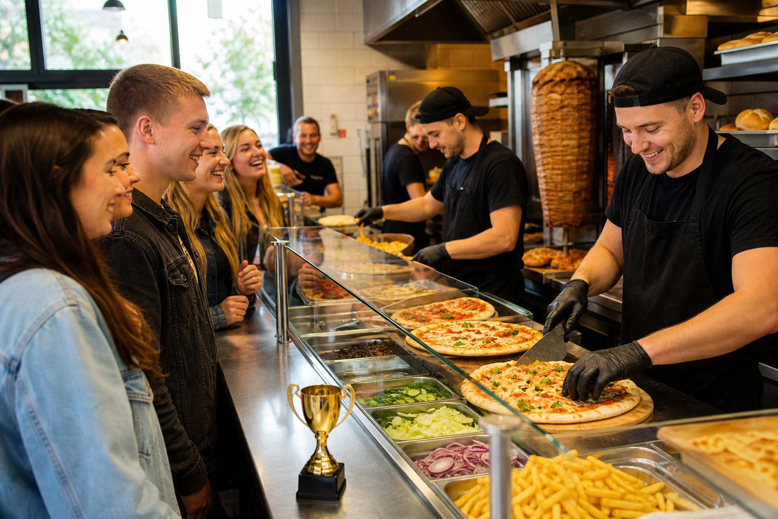 Ruchliwy lokal z pizzą, kebabem i burgerami oraz trofeum symbolizującym wysoką pozycję.