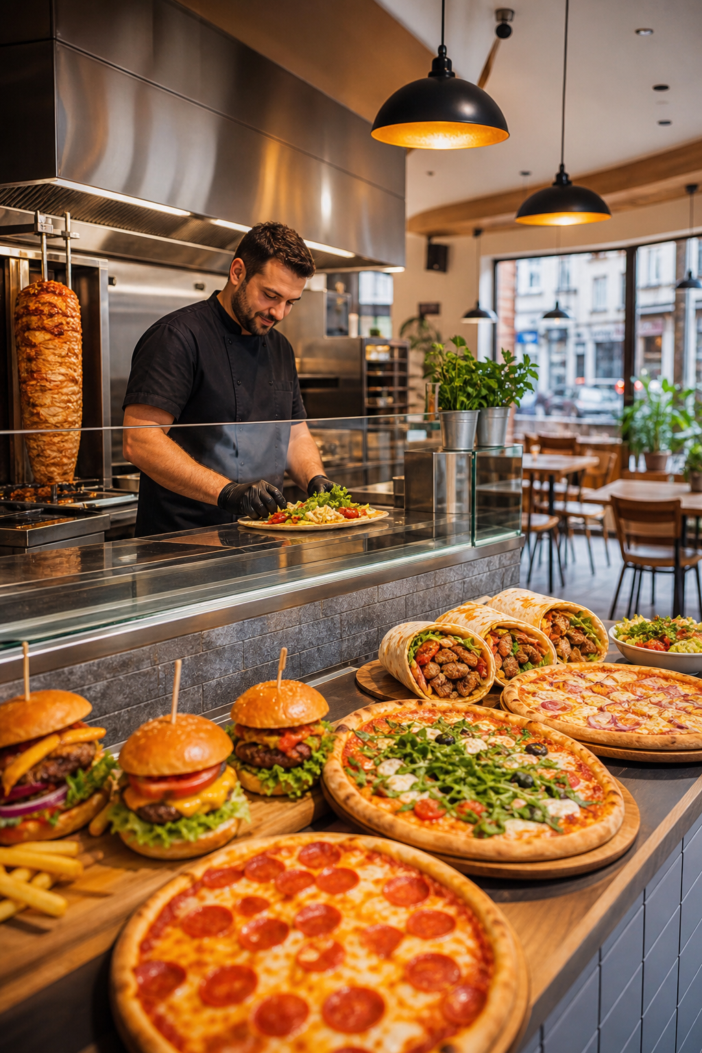 Apetyczne pizze, burgery i kebaby gotowe, by przyciągnąć klientów do lokalu.