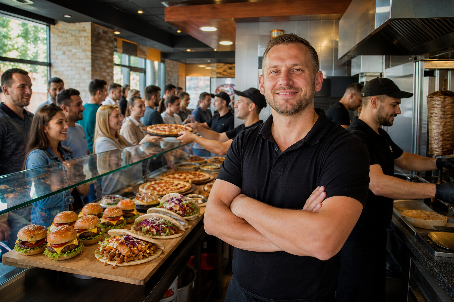 Dumny właściciel w pełnym, odnoszącym sukces lokalu fast food.