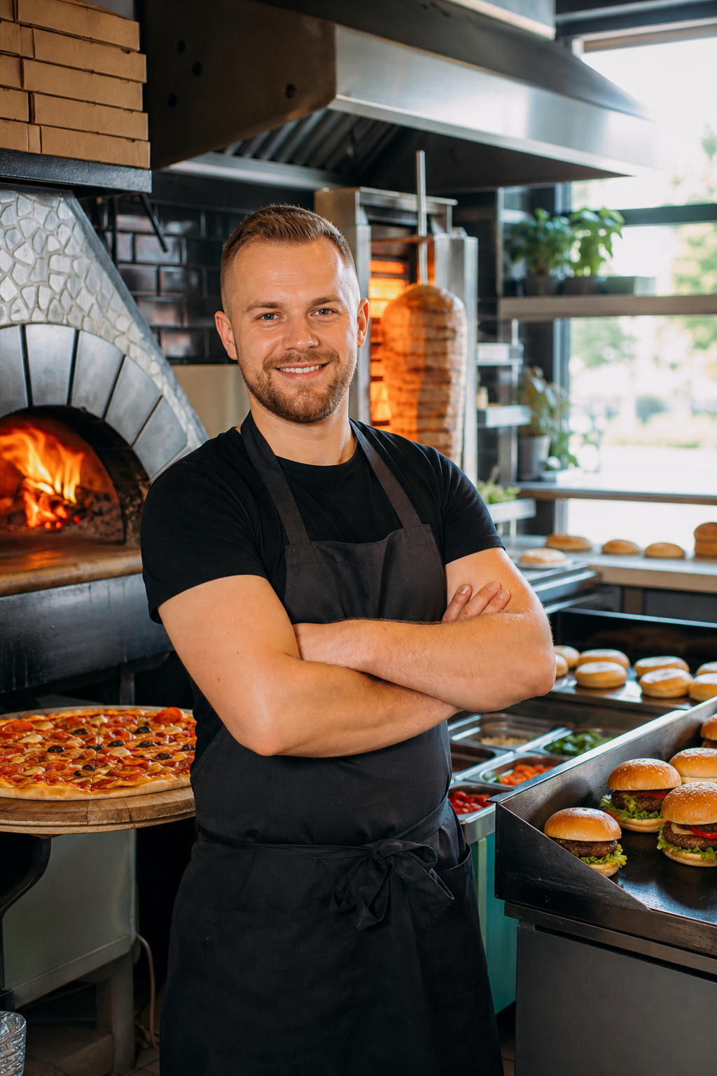 Pewny siebie właściciel lokalu z pizzą, kebabem i burgerami.