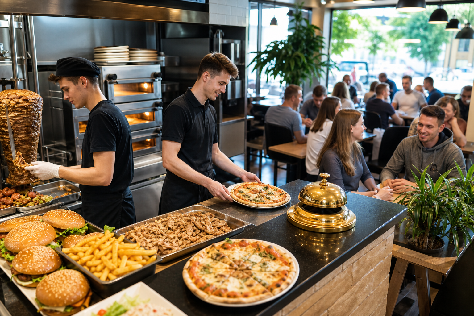 Ruchliwy lokal fast food symbolizujący wysokie miejsce w rankingu.