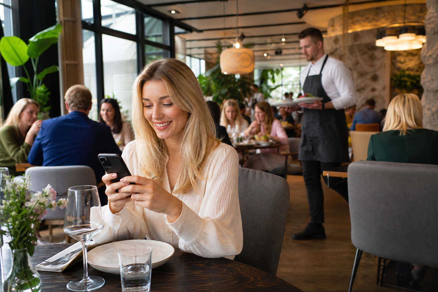 Klient wybiera restaurację w telefonie, za nim tętniąca życiem sala.