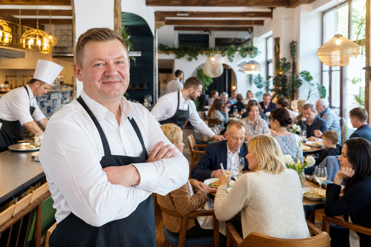 Dumny właściciel w pełnej restauracji symbolizuje sukces lokalu.