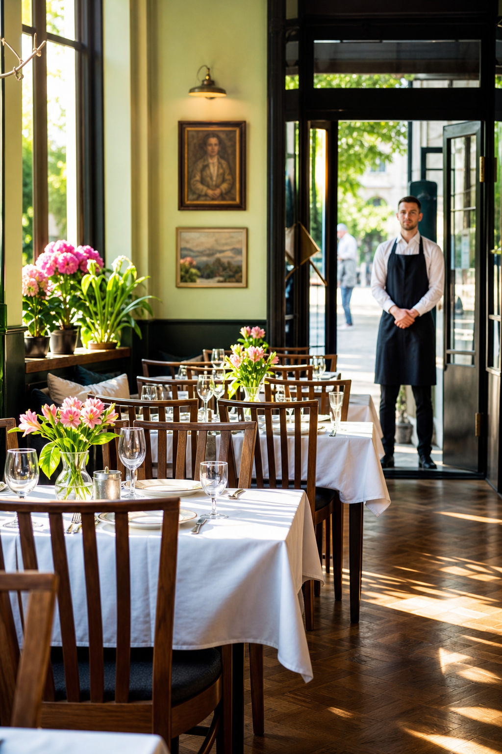 Ładna, spokojna restauracja z pustymi stolikami czeka na gości.
