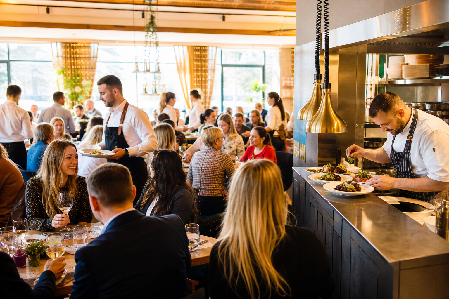 Popularna restauracja pełna gości, ruchu i atmosfery sukcesu.
