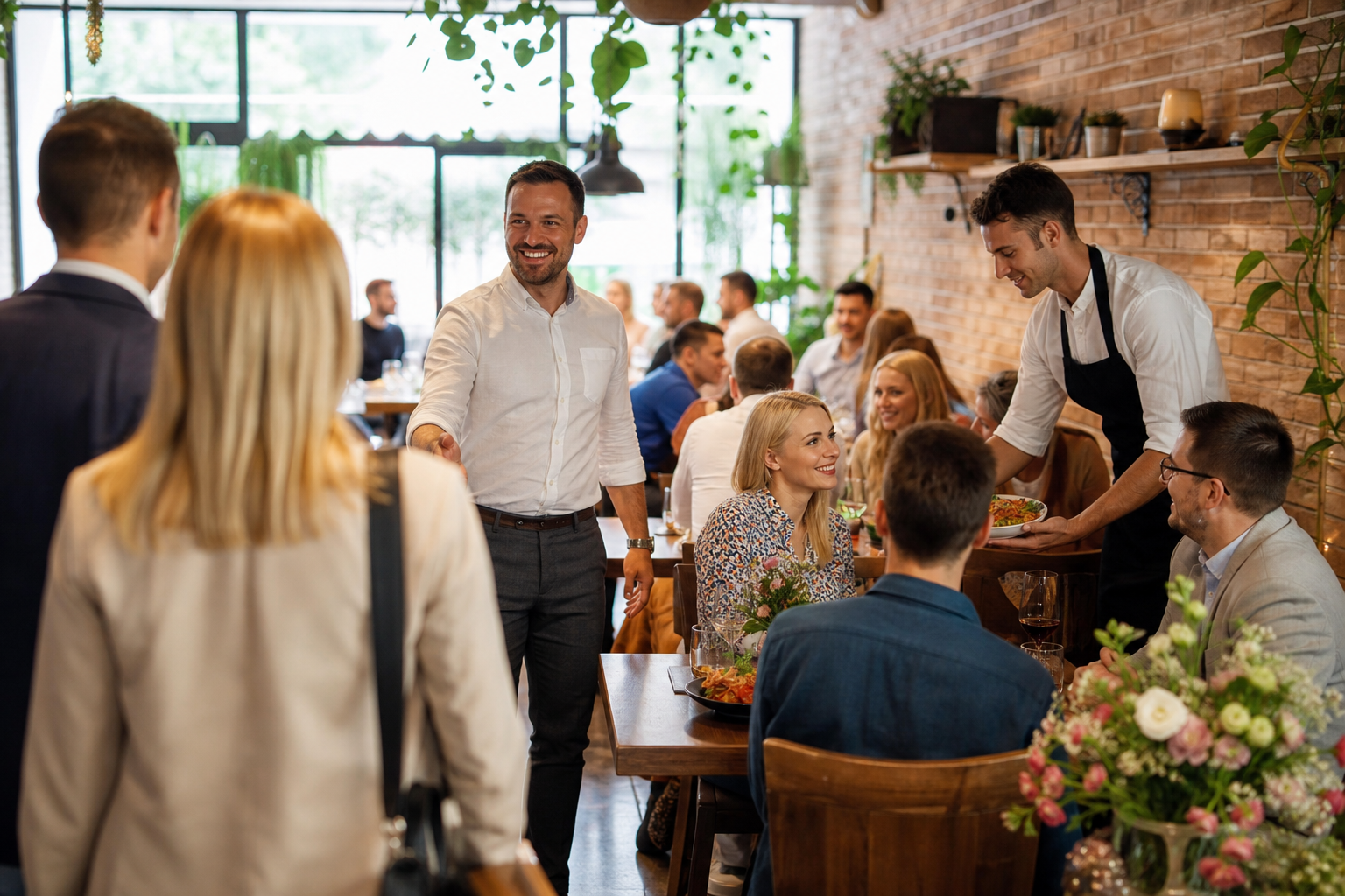 Restauracja przyciąga coraz więcej gości, właściciel wita klientów.
