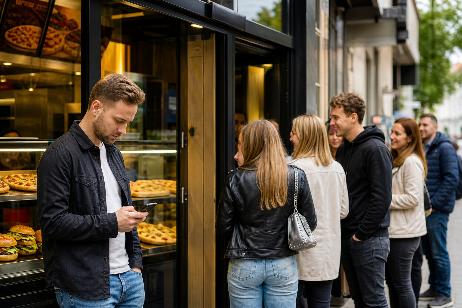 Klient z telefonem wybiera popularny lokal fast food z kolejką przed wejściem.