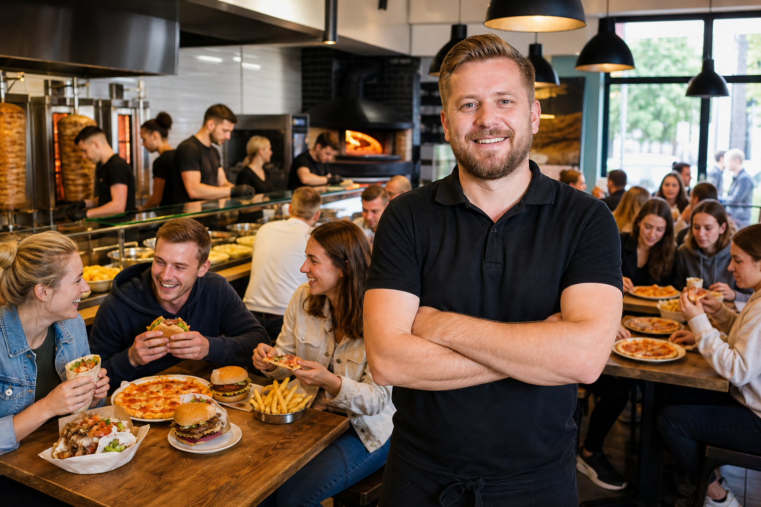 Dumny właściciel w pełnym, tętniącym życiem lokalu z pizzą, kebabem i burgerami.
