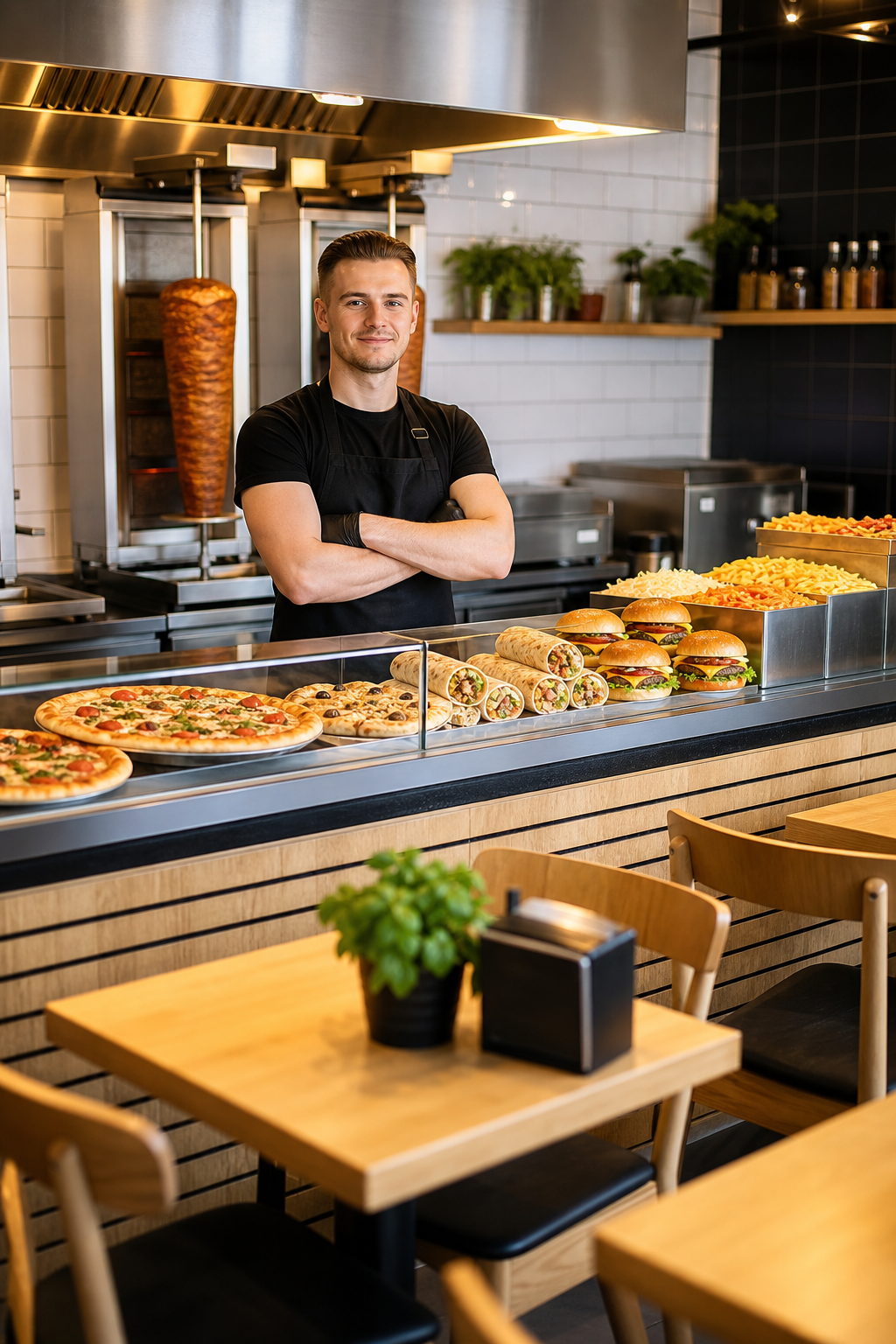 Ładny lokal fast food w spokojnej chwili, z gotowymi daniami i oczekującą obsługą.