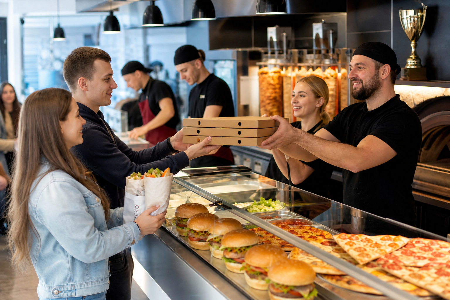 Ruchliwy lokal z pizzą, kebabem i burgerami, z symbolicznym pucharem zwycięzcy.