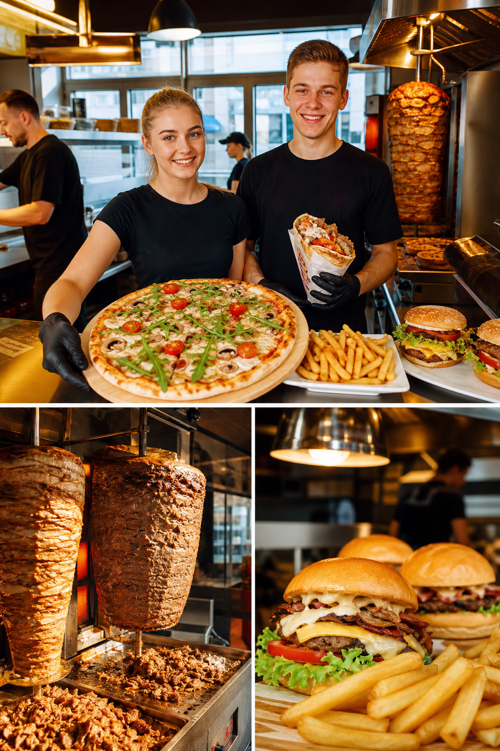 Apetyczne pizza, kebab, burgery i frytki gotowe, by przyciągnąć klientów.