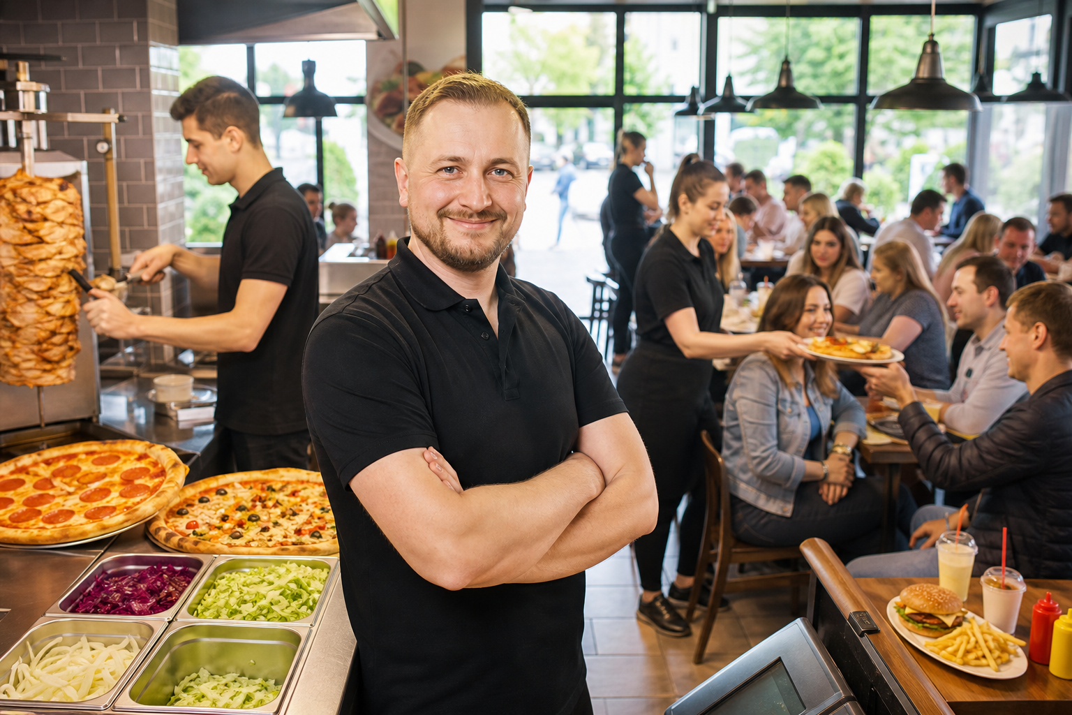 Dumny właściciel w pełnym, tętniącym życiem lokalu fast food.