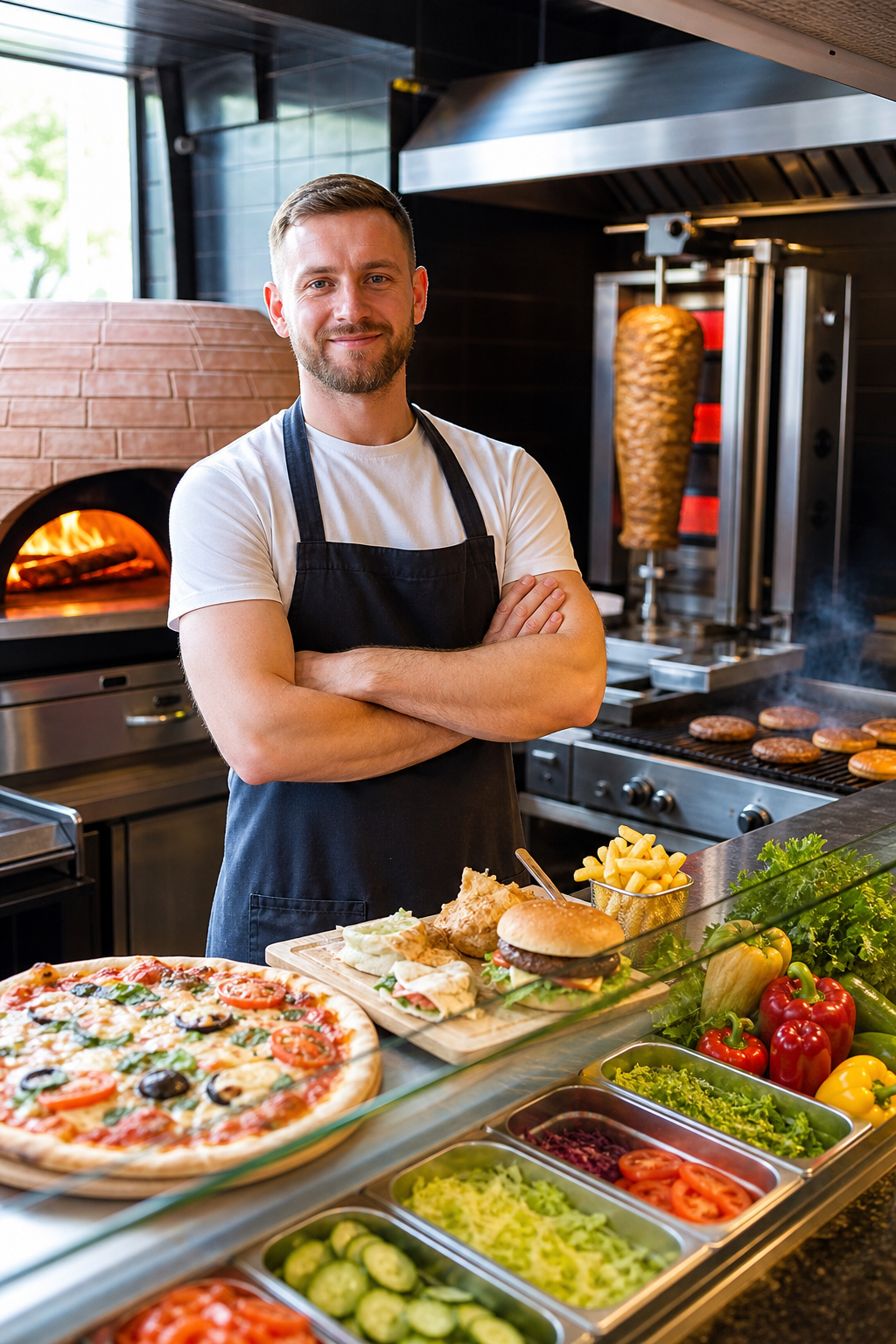 Właściciel lokalu z pizzą, kebabem i burgerami w miejscu pracy.