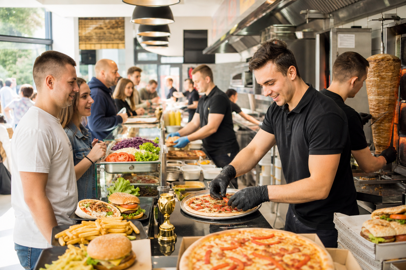 Ruchliwy lokal fast food z symbolem zwycięstwa przy ladzie.