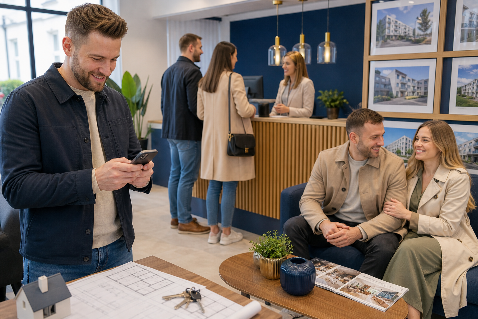 Klient w poznańskim biurze nieruchomości sprawdza oferty w telefonie, obok czekają pary.