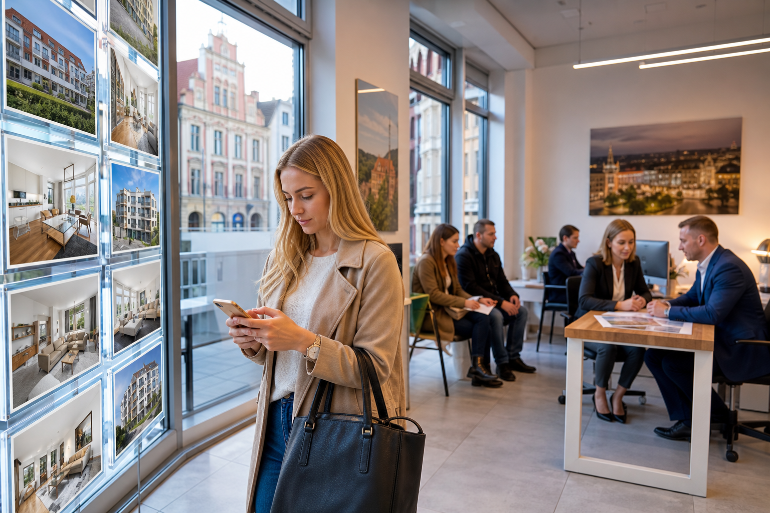 Klient z telefonem wybiera popularne poznańskie biuro nieruchomości pełne zainteresowanych osób.