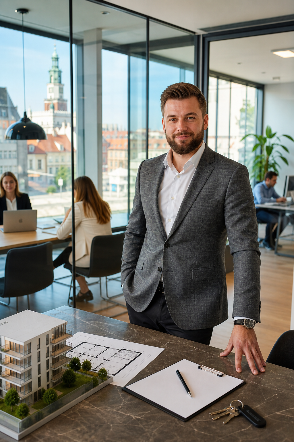 Pewny siebie właściciel poznańskiego biura nieruchomości w nowoczesnym miejscu pracy.