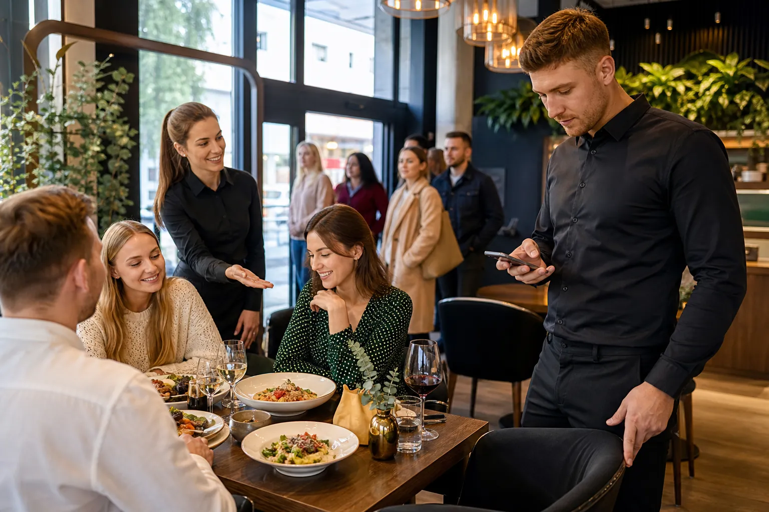 Klient wybiera popularną restaurację w Częstochowie, patrząc w telefon.