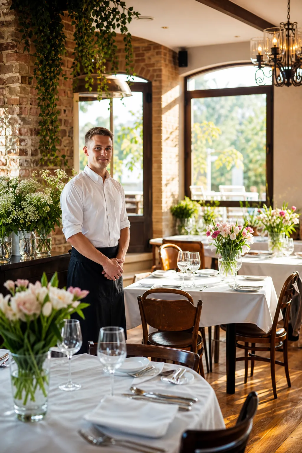 Ładna restauracja w spokojnym momencie czeka na większy ruch.
