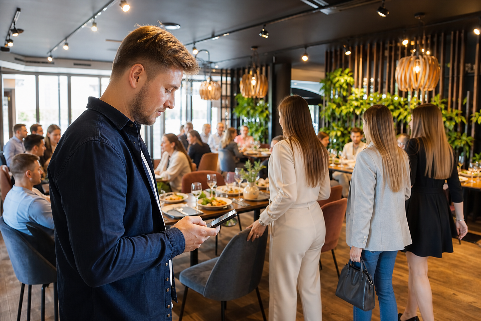 Klient sprawdza restaurację w telefonie, a sala jest pełna gości.