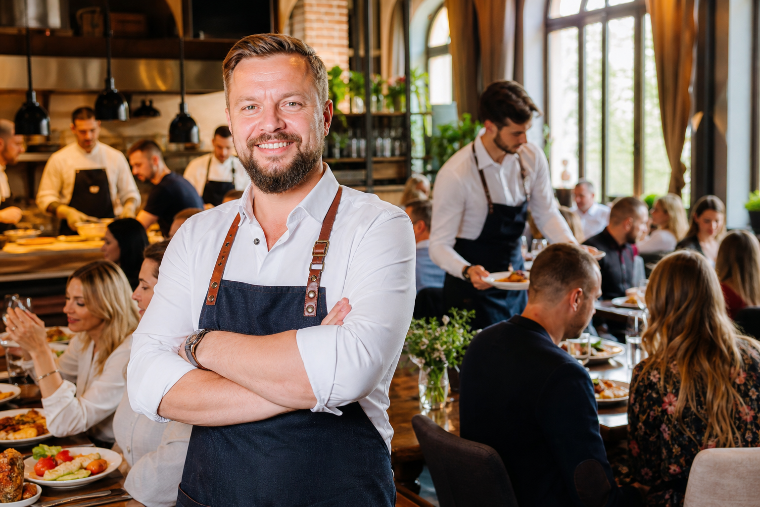 Dumny właściciel w pełnej, odnoszącej sukces restauracji w Częstochowie.