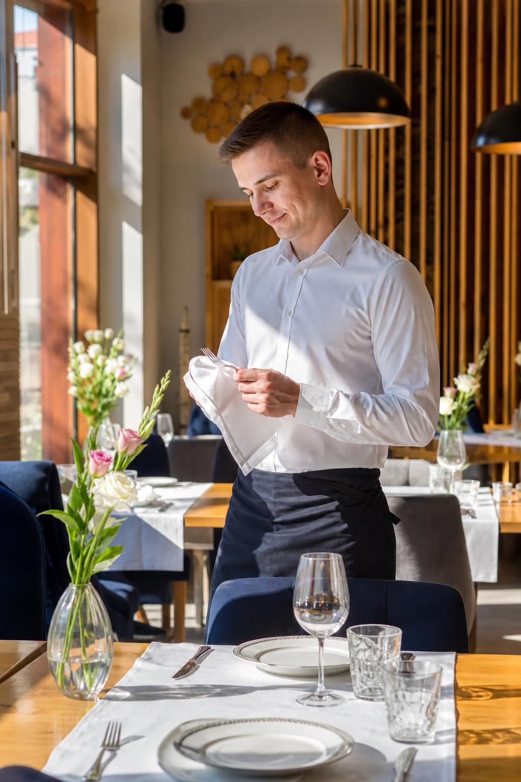Schludna restauracja w spokojnym momencie z gotowymi stolikami.