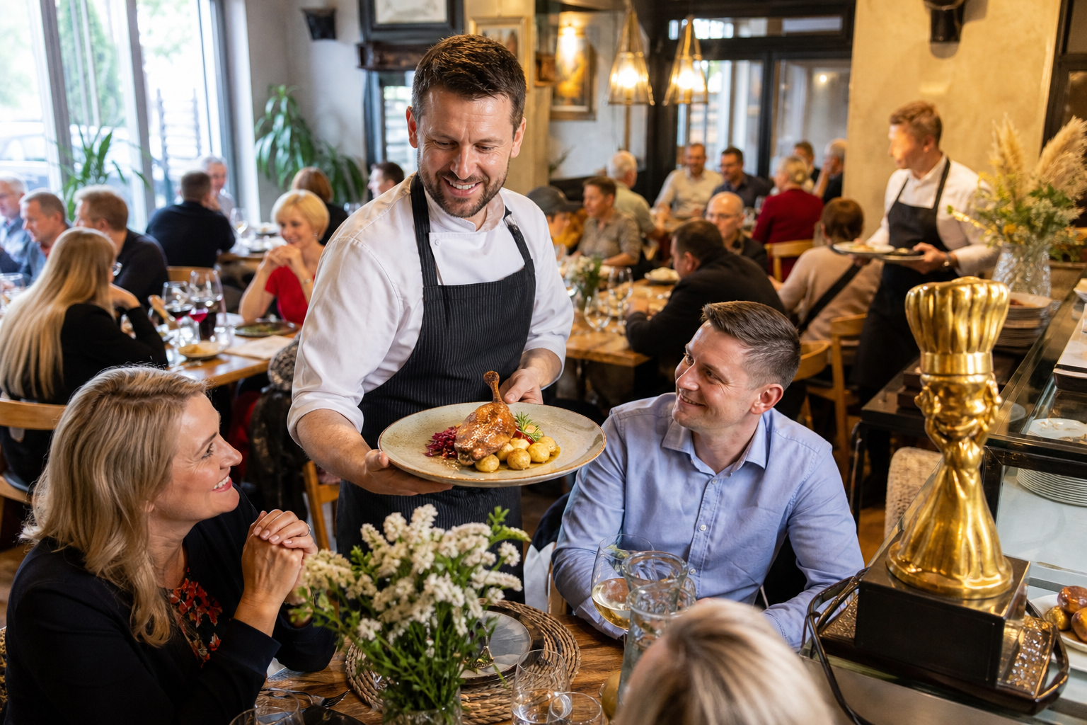Tętniąca ruchem restauracja z kucharzem prezentującym popisowe danie.