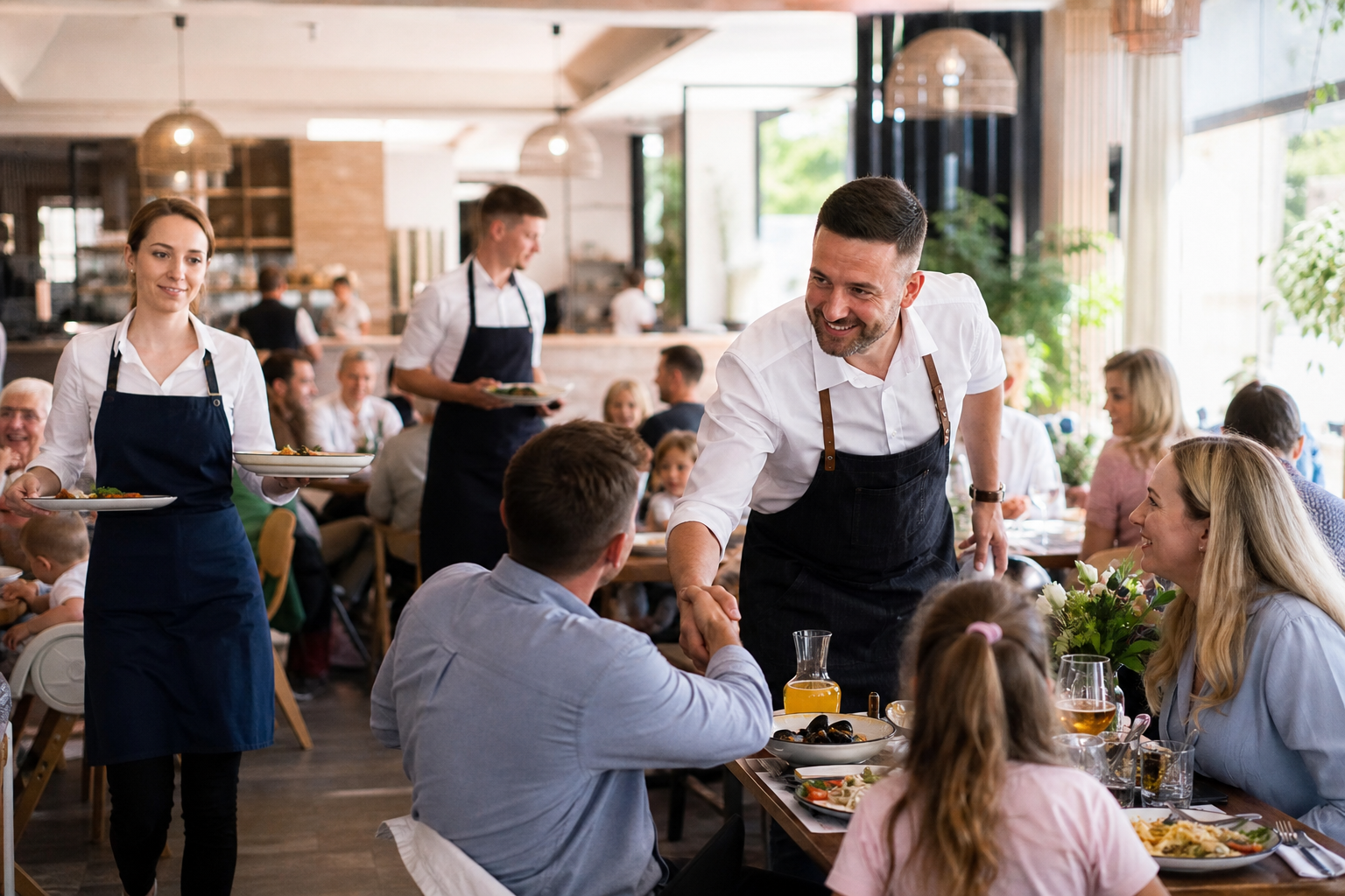 Restauracja rośnie: przybywa gości, a właściciel wita ich z uśmiechem.