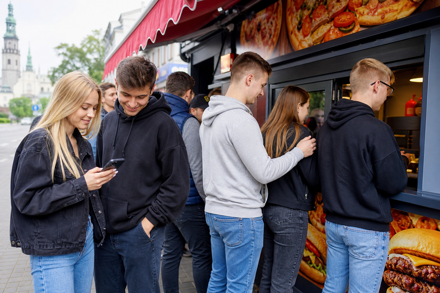 Klienci z telefonami wybierają popularny lokal fast food w Częstochowie.