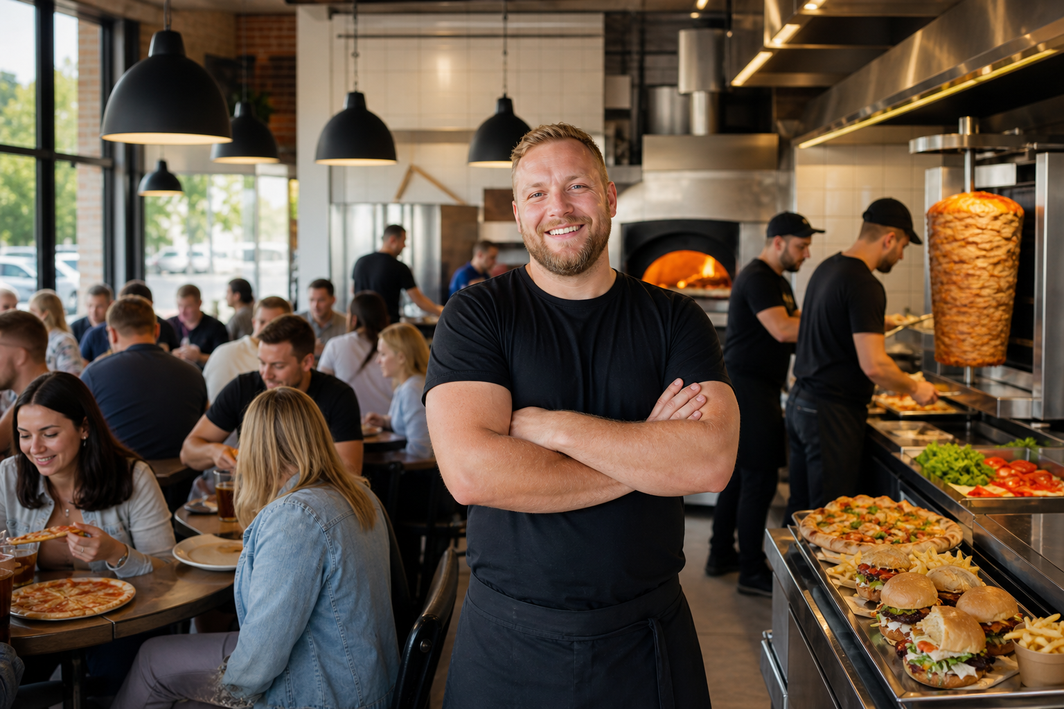 Dumny właściciel w pełnym lokalu z pizzą, kebabem i burgerami świętuje sukces.