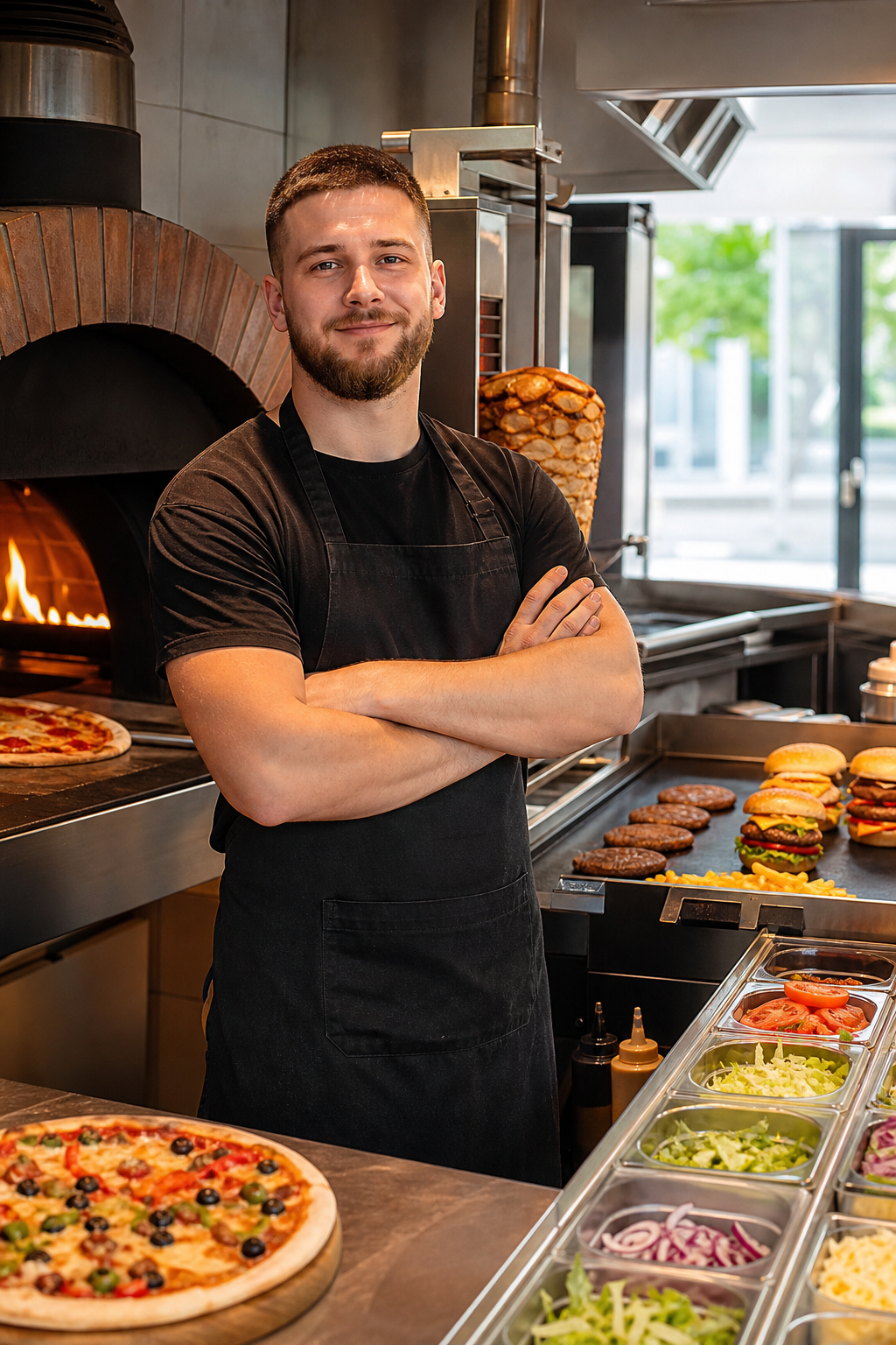 Pewny siebie właściciel lokalu z pizzą, kebabem i burgerami w swojej kuchni.