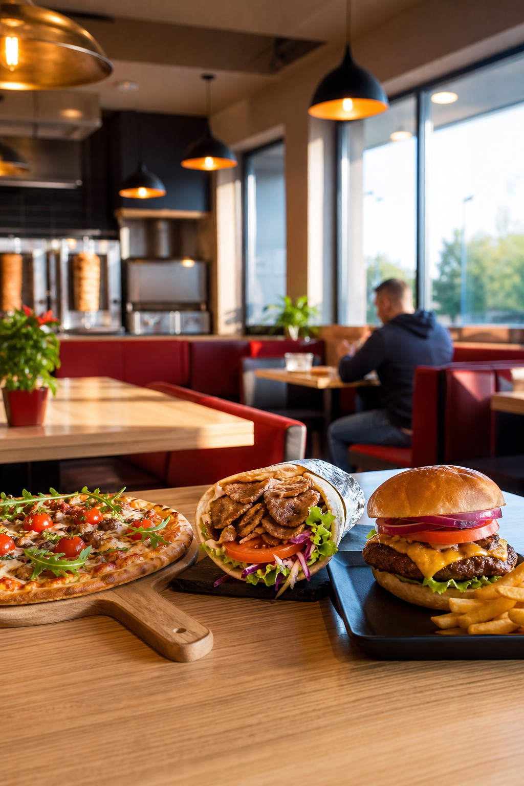Schludny lokal fast food w spokojnym momencie czeka na więcej klientów.