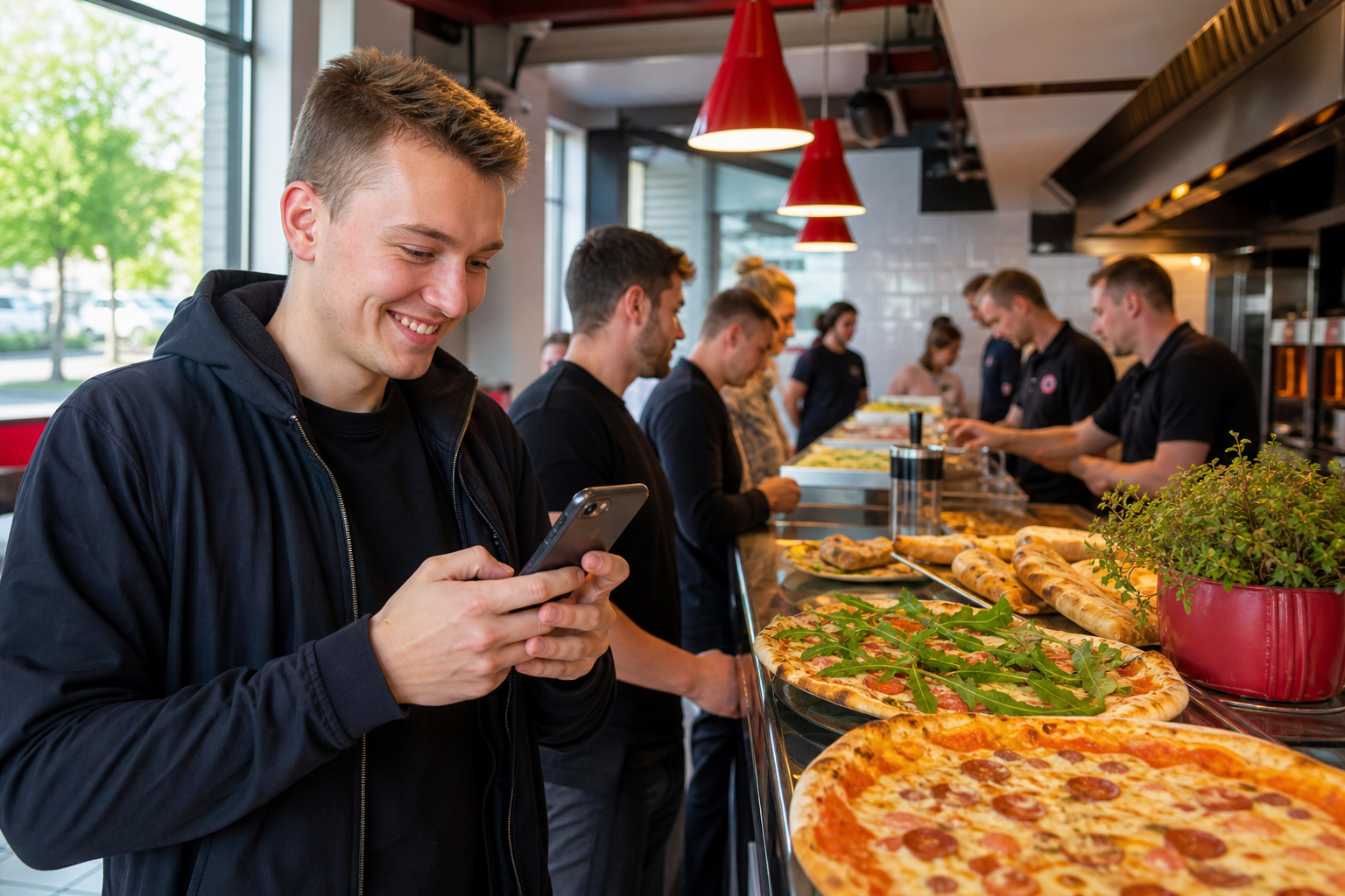 Klient wybiera lokal fast food na telefonie, za nim kolejka gości.
