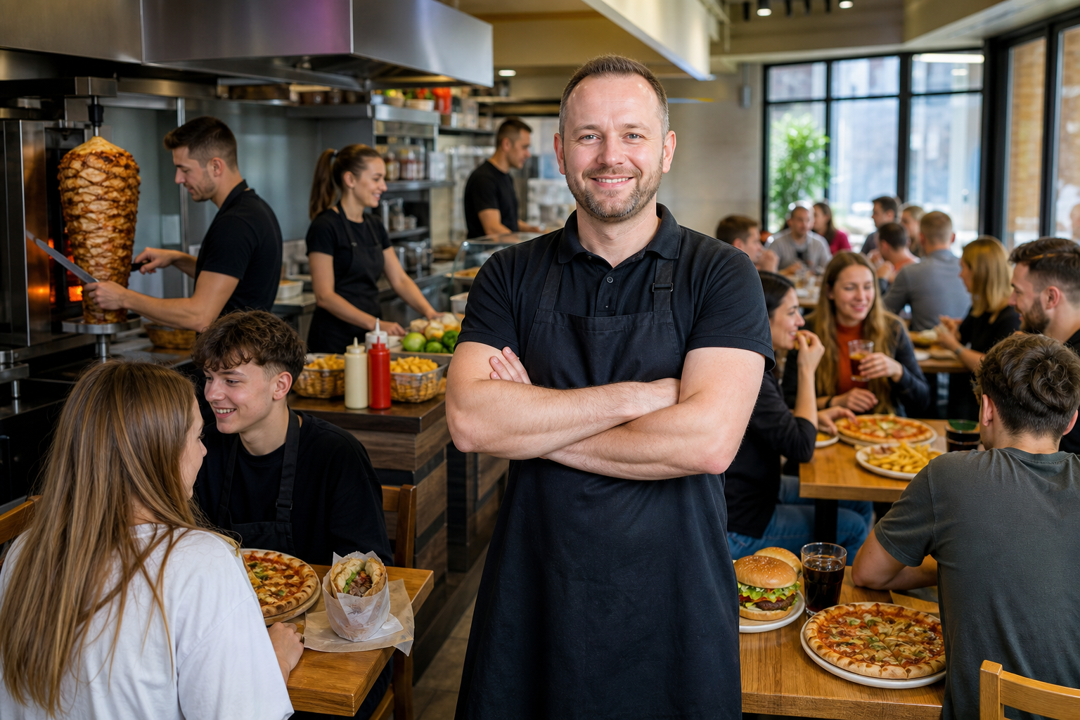 Dumny właściciel w pełnym, popularnym lokalu fast food.