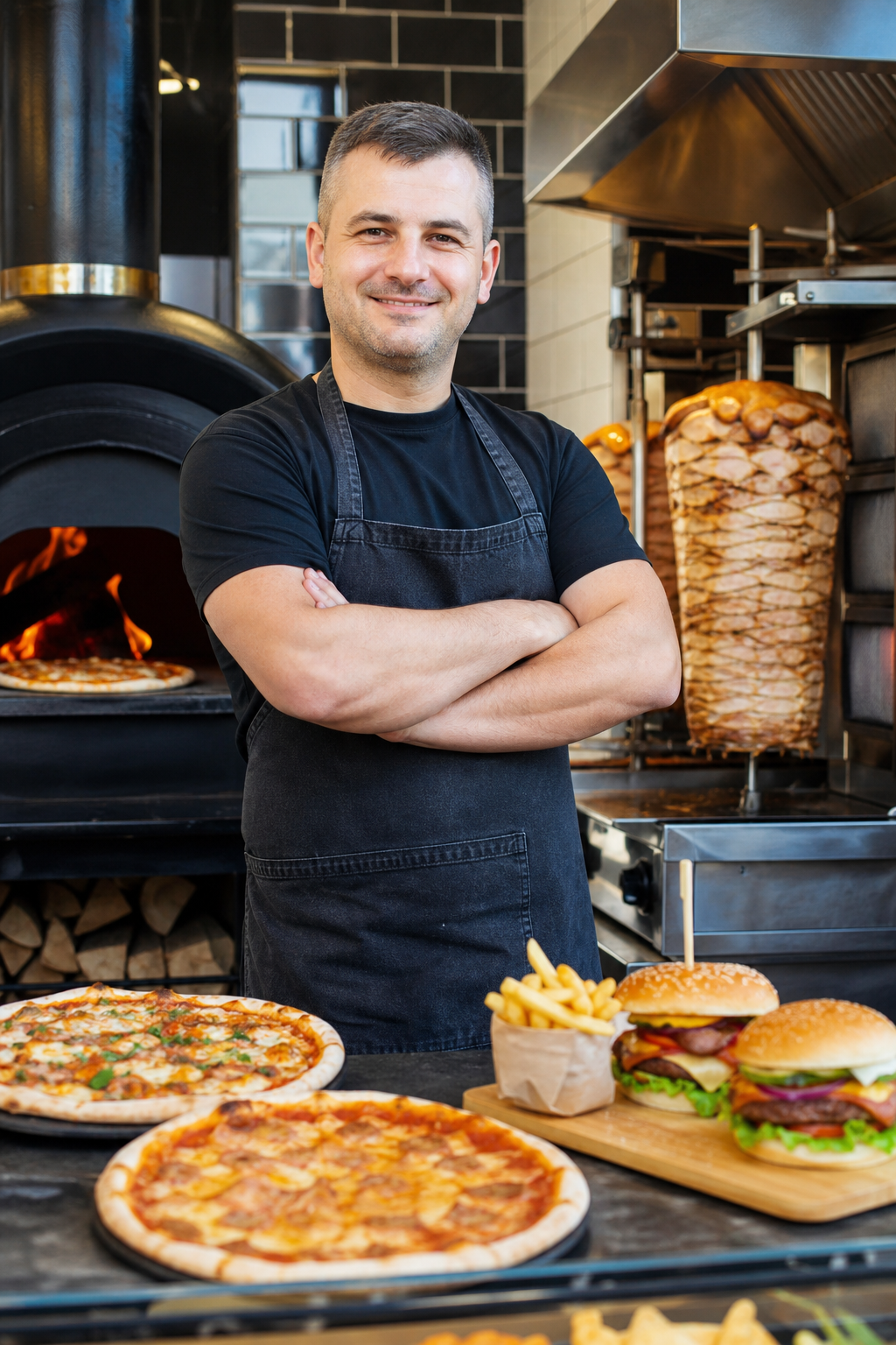 Właściciel lokalu z pizzą, kebabem i burgerami pozuje w kuchni.