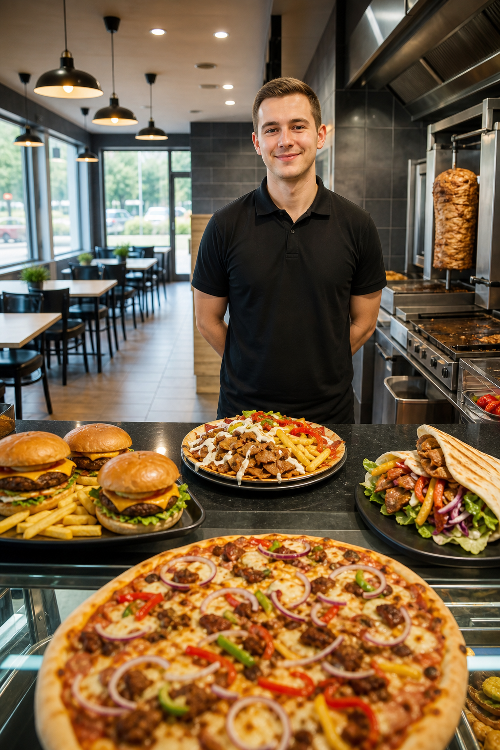Schludny lokal fast food w spokojnej chwili, gotowy na klientów.